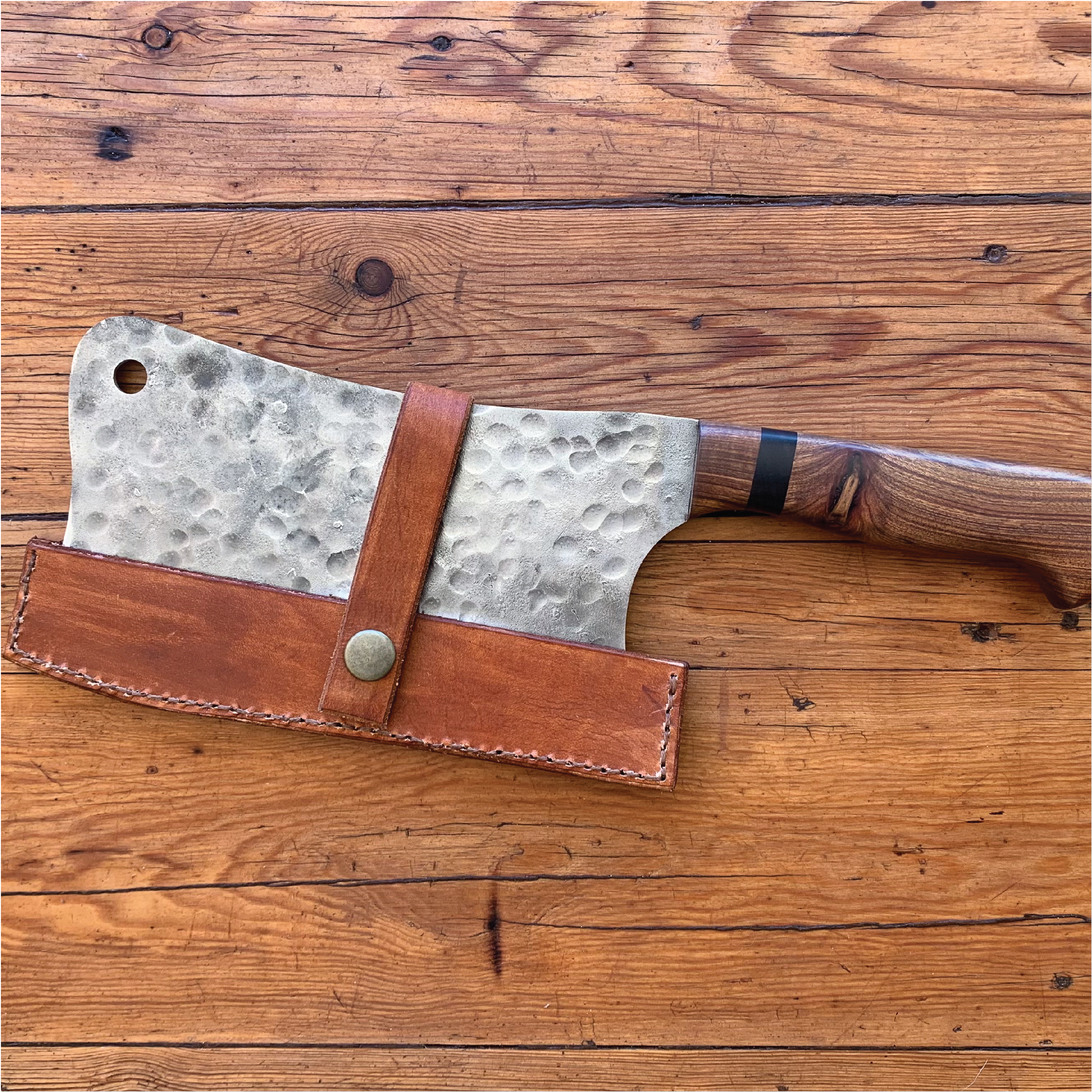 Hammered cleaver with leather sheath
